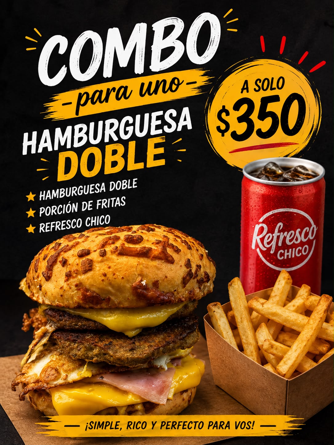 COMBO PARA UNO (Hamb. Doble + Papas + Refresco600ml)
